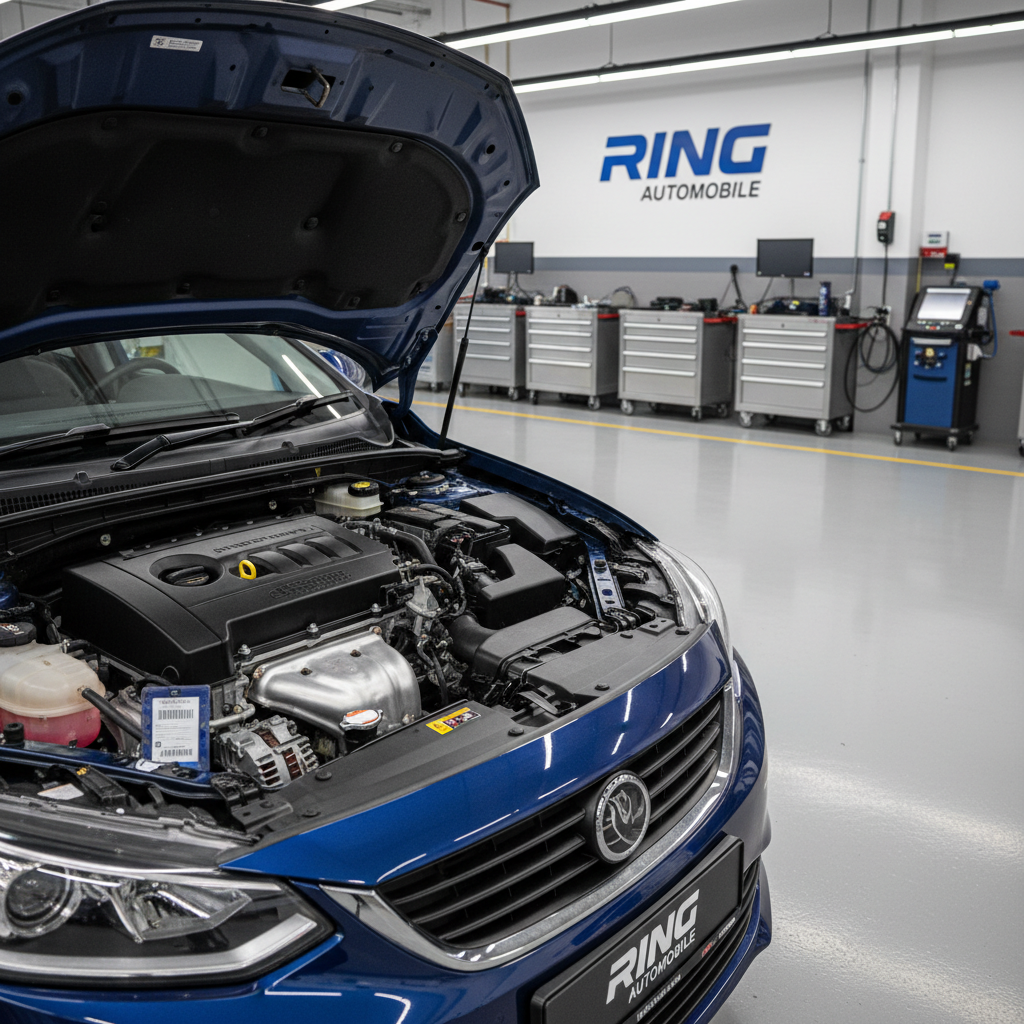A mid-range hatchback with its hood open in a spotless inspection bay at Ring Automobile, revealing a clean, well-maintained engine compartment with clearly labeled components and no visible grime. The car sits on smooth, light-gray workshop flooring with neatly organized tool cabinets and diagnostic equipment in the softly blurred background. Cool, even LED workshop lighting illuminates the engine area, creating precise highlights on metal and plastic surfaces while avoiding harsh shadows. Captured in photographic realism from a slightly elevated angle looking into the engine bay, the composition focuses on transparency and technical care. The atmosphere is professional and trustworthy, emphasizing thorough inspection and maintenance of every used vehicle.
